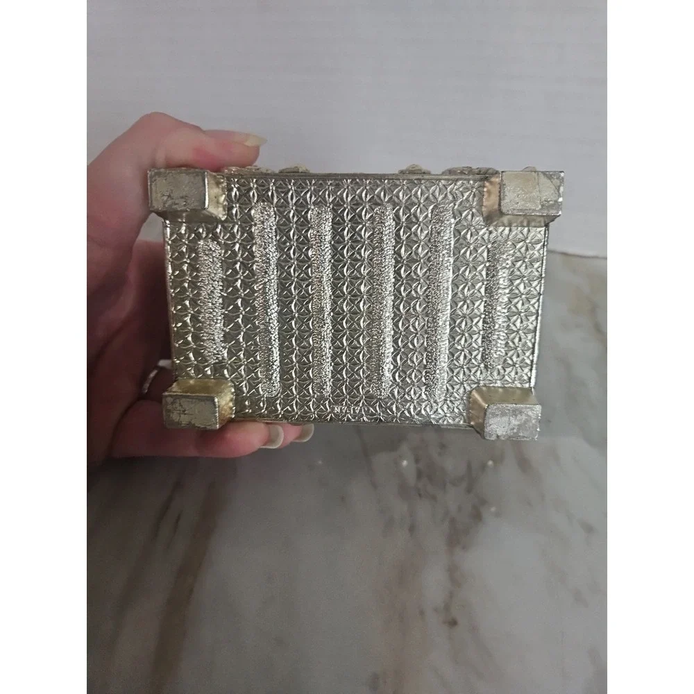 Vintage Silver Tone Treasure Chest Music Box Trinket Box Velvet Lined Japan Read